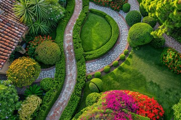 From above, a sprawling garden bursts with a sea of green foliage, vibrant flowers, winding pathways, and a tranquil fountain glistening in the sunlight