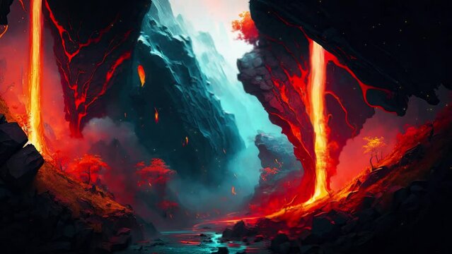 Cave with lava and trees, concept art. Calm and atmospheric background video. Loop animation