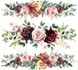 Watercolor floral garland of burgundy and pink roses with greenery in neutral colors isolated on a white background, clipart style with margins, as a full page design with a vintage, cottagecore style - obrazy, fototapety, plakaty
