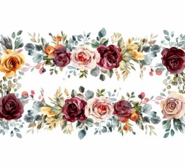 Watercolor floral garland of burgundy and pink roses with greenery in neutral colors isolated on a white background, clipart style with margins, as a full page design with a vintage, cottagecore style - obrazy, fototapety, plakaty