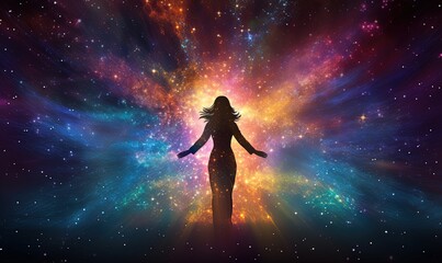 Black silhouette of a girl against a background of galaxies, bright multicolored divots