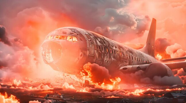 scary plane crash with dark clound and burning fire