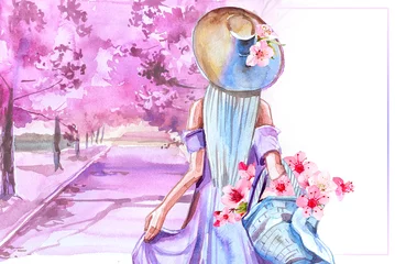 Foto auf Alu-Dibond Girl in a dress with flowers walks yje blooming spring isolated.Watercolor woman and spring landscape painting. © Victoria