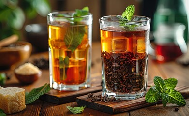 two glass containers filled with tea and mint on wood, in the style of classic, brown and black. Generative AI