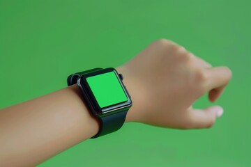 Woman with a green screen watch on her wrist, a stylish gadget. Background Green screen. Generative AI - Powered by Adobe