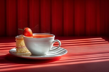 a cup cup tea with piece of cake sitting on red, in the style of photo-realistic landscapes, high resolution. generative AI