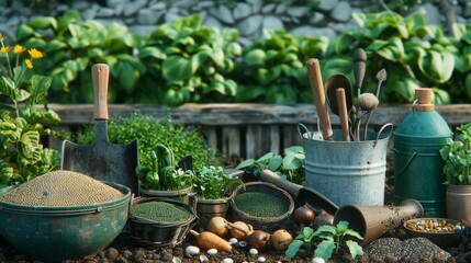 Photos of garden tools and seed options for planting a vegetable garden