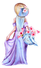 Girl in a dress with flowers isolated.Watercolor woman with cherry blossom painting.