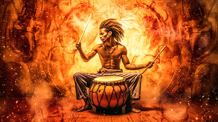 A man is sitting on a drum and playing it - obrazy, fototapety, plakaty