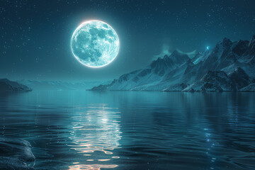 The shimmering silver of moonlight reflecting off tranquil waters, casting a magical glow on the nocturnal landscape. Concept of nocturnal enchantment. Generative Ai.