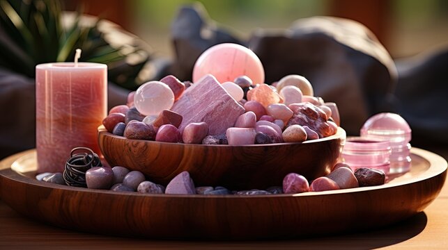 Self - care, healing composition with rosary beads, chakra stones, sandalwood sticks and candle on a pink marble podium.