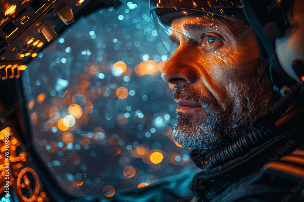 Poster a seasoned pilot navigating through challenging conditions with skill and expertise, ensuring safe t