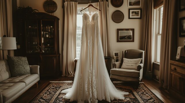 A beautiful wedding dress hangs in a living room. The dress is made of white lace and has a long train.