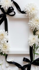 White flower bouquet with black ribbons in a white frame. Generative AI