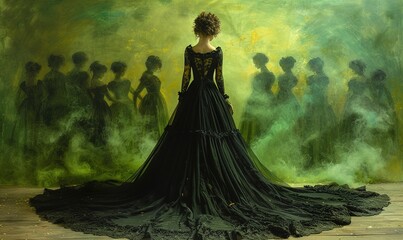 Woman in Victorian style black dress, standing in a dramatic pose against dark vintage green textured background. - obrazy, fototapety, plakaty