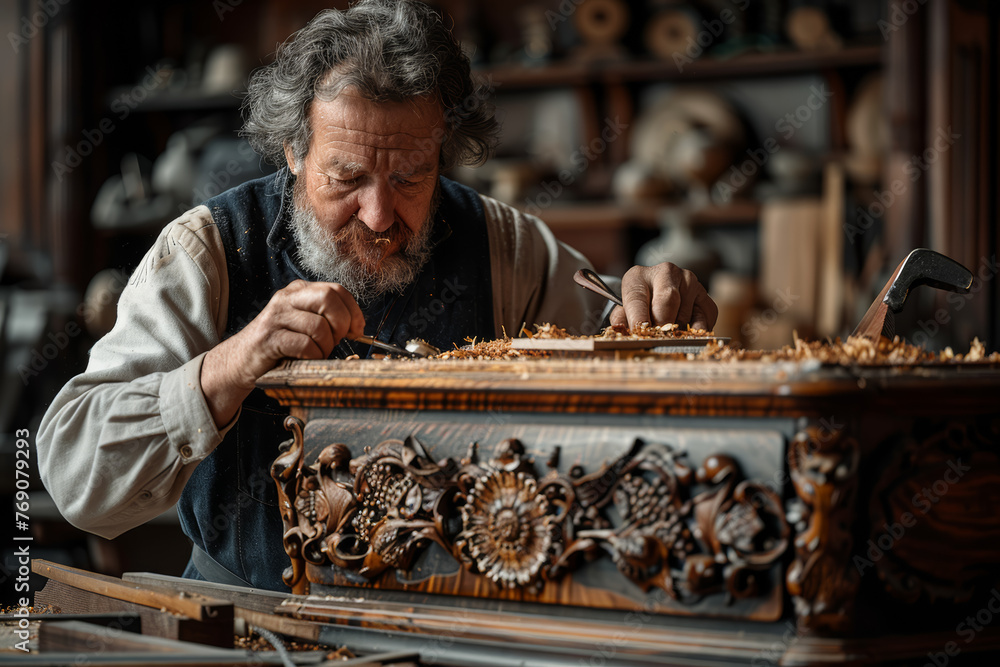 Poster a skilled carpenter constructing fine furniture with craftsmanship that withstands the test of time.