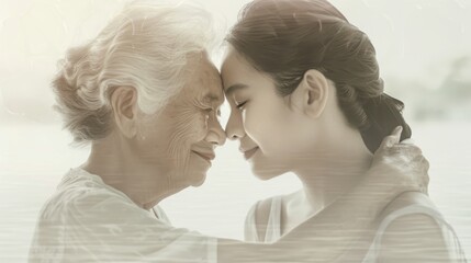 Affectionate embrace between a smiling elderly woman and a young woman, depicting family love.