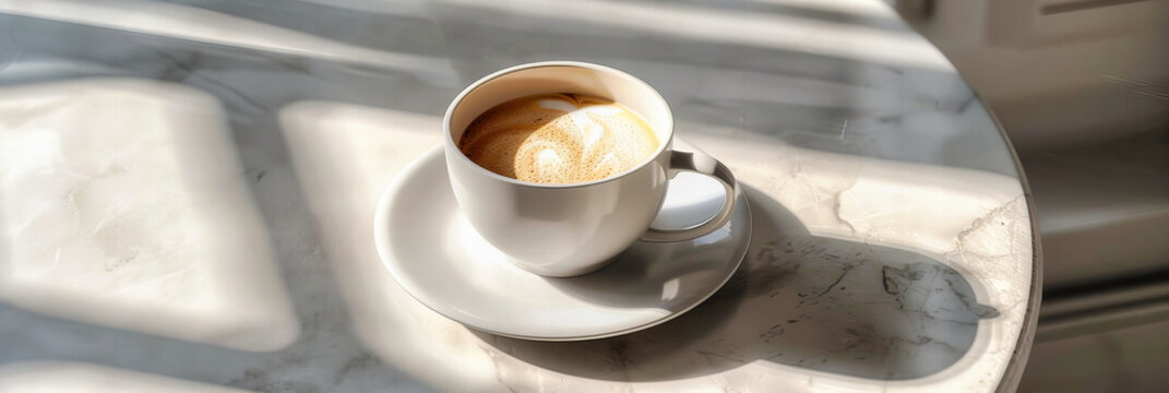 Morning Cappuccino Delight, Artful Foam on Espresso in White Cup, Cozy Cafe Atmosphere