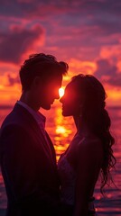 silhouette shot of a couple enjoying a romantic sunset on a tropical beach, capturing the essence of paradise and love intertwined