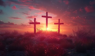 Three crosses up on a hill at sunset, Crucifixion of Jesus Christ concept