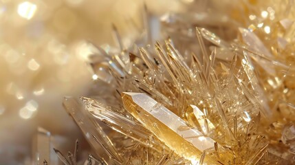 Amazing close-up of a beautiful natural quartz crystal cluster. The sparkling points of the crystals are catching the light. - obrazy, fototapety, plakaty