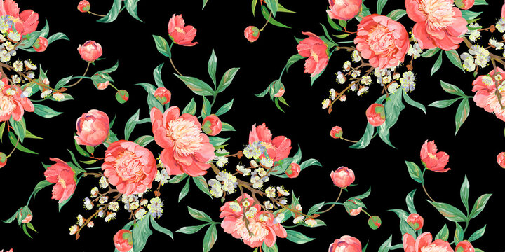 Seamless realistic pattern drawn with pink peonies in a classic oriental style