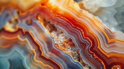 Amazing close-up view of colorful agate mineral with detailed patterns and textures. - obrazy, fototapety, plakaty