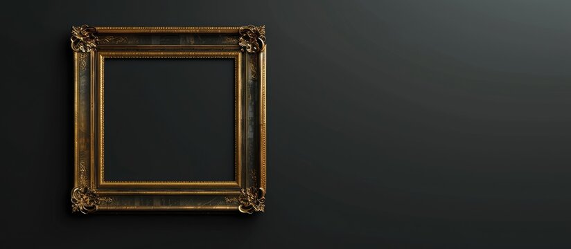 Gilded frame hanging on dark wall with empty space for exhibition. Template for art and pictures.