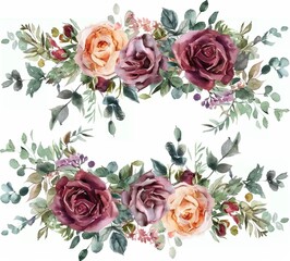 Watercolor Floral Garland Featuring Burgundy and Pink Roses, Greenery in Neutral Tones, Clipart Style, Isolated on White Background with Margins. - obrazy, fototapety, plakaty