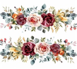 Watercolor Floral Garland Featuring Burgundy and Pink Roses, Greenery in Neutral Tones, Clipart Style, Isolated on White Background with Margins. - obrazy, fototapety, plakaty