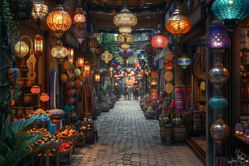 Obraz premium A traditional market selling handmade crafts alongside a shopping mall with global brands. Concept of commercial evolution. Generative Ai.
