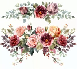 Watercolor Floral Garland Featuring Burgundy and Pink Roses, Greenery in Neutral Tones, Clipart Style, Isolated on White Background with Margins.