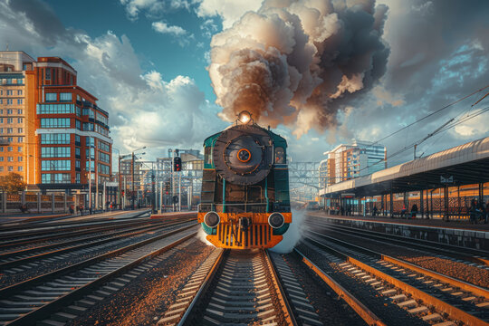 A vintage steam locomotive next to a high-speed bullet train on parallel tracks. Concept of transportation revolution. Generative Ai.