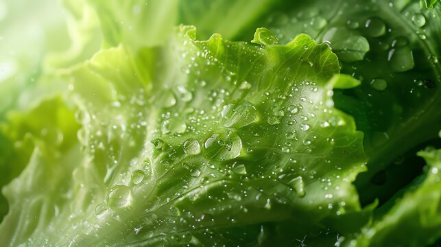 Fresh green lettuce leaves with water drops.