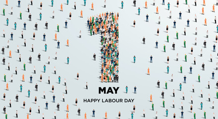 Happy labour day concept poster. Large group of people form to create number 1 as labor day is celebrated on 1st of may. Vector illustration.
 - Powered by Adobe