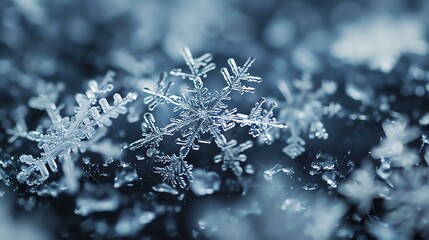 Delicate and unique snowflakes glisten against a dark blue background, capturing the beauty of winter's icy embrace.