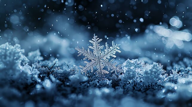 A beautiful macro image of a snowflake on a dark blue background. The snowflake is perfectly symmetrical and looks like a delicate piece of art.