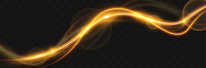 Light wave of shiny gold lines.Gold color glowing design element.Wavy bright stripes.
