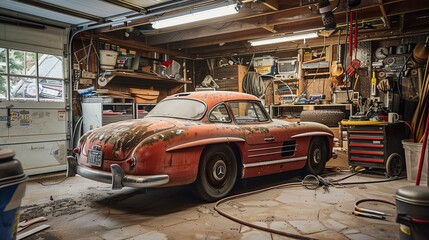 A dusty and forgotten classic car sits in an old garage.