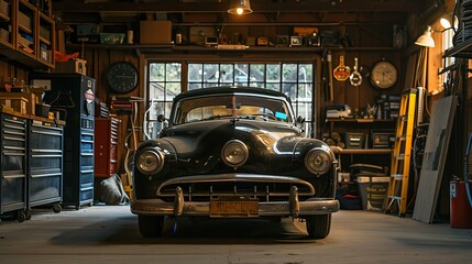 An old fashioned car is sitting in a garage. The garage is full of tools and other items. The car is dusty and has a flat tire.