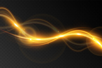 Light wave of shiny gold lines.Gold color glowing design element.Wavy bright stripes.
