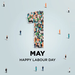 Happy labour day concept poster. Large group of people form to create number 1 as labor day is celebrated on 1st of may. Vector illustration.
