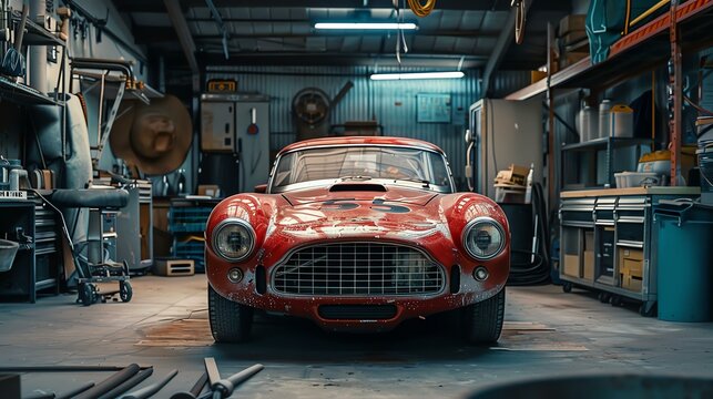 Fototapeta A red vintage sports car is parked in a garage. The car is dusty and has a number 35 on the hood.