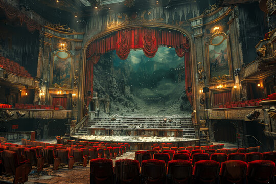 A historic theater staging Shakespearean plays alongside a cinema showing blockbuster movies. Concept of entertainment evolution. Generative Ai.