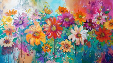 This is a painting of a garden full of colorful flowers. The flowers are painted in a variety of colors, including pink, purple, yellow, and orange.