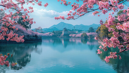 Japanse Castle, surrounded by cherry blossom. Sakura blossom - obrazy, fototapety, plakaty