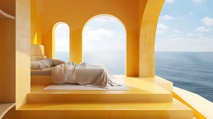 an AI image of a bedroom with yellow steps, capturing the essence of Olympus XA2 photography,