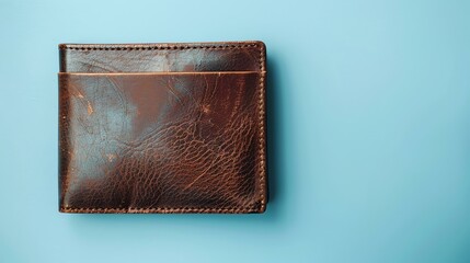 Top view of a brown leather wallet isolated on a blue background. The wallet is made of genuine leather and has a rich, textured patina.