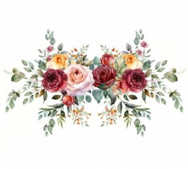Obraz na płótnie Canvas Watercolor floral garland of burgundy and pink roses with greenery in neutral colors isolated on a white background, clipart style with margins, as a full page design with a vintage, cottagecore style