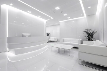 White interior of empty modern hotel with reception, tables and sofas